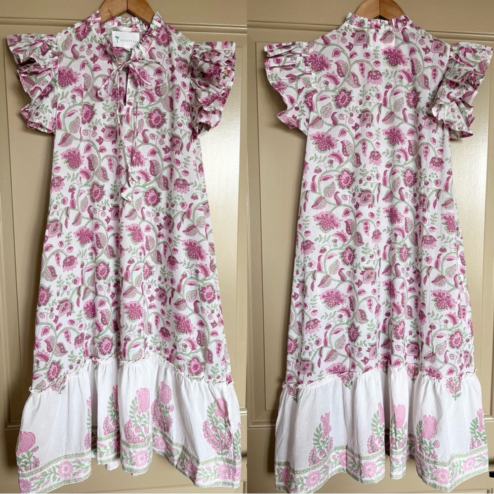 ISLAPAYAL Cotton Floral Printed Flutter Sleeve Midi Dress XS